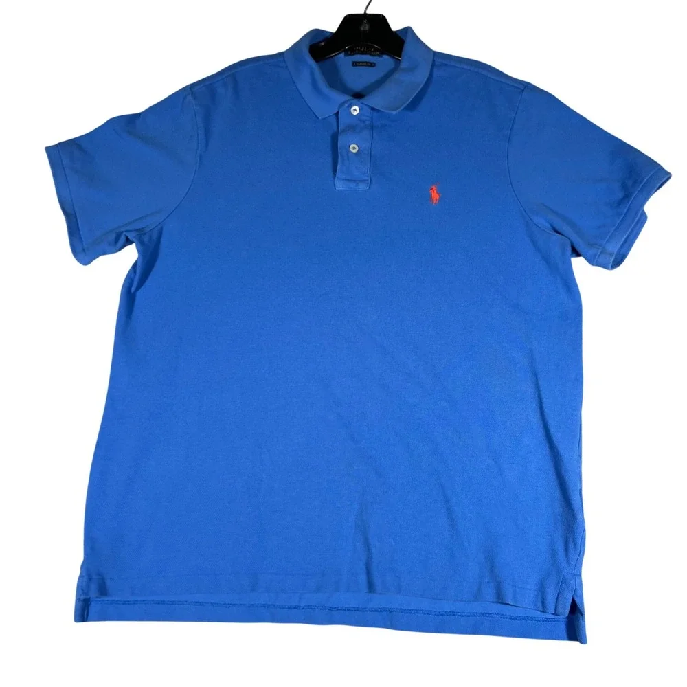 Polo Ralph Lauren Mens L Classic Fit Cotton Mesh Polo‎ Shirt Blue w/ Orange Pony